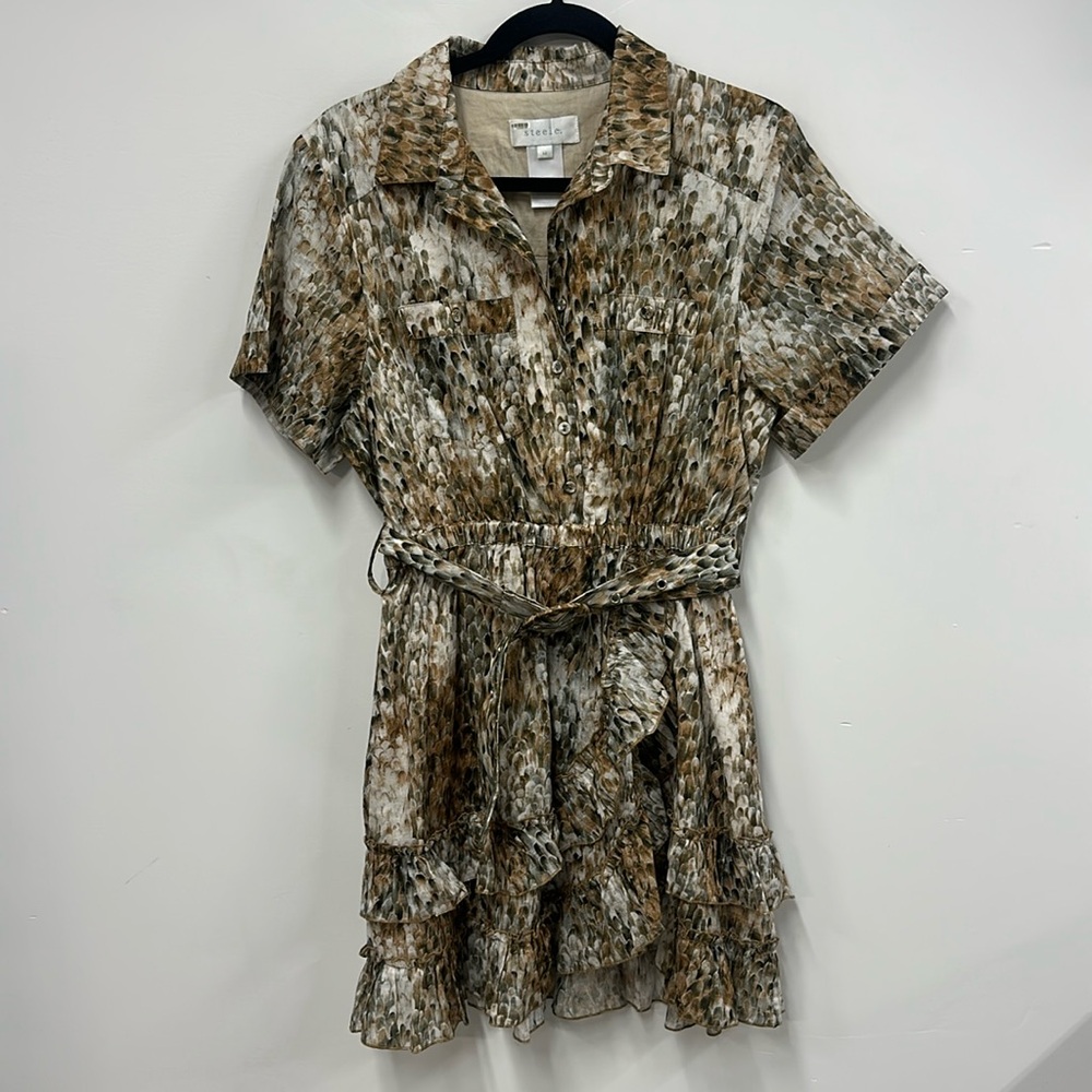 Steele brown cotton shirt dress ruffle M